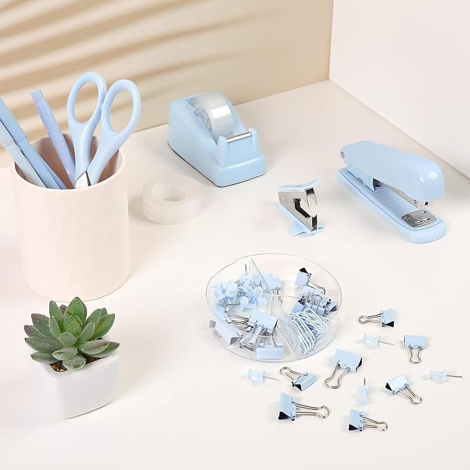 SKYDUE Blue Office Desk Accessories, Tape Dispenser, Clips and 1000pcs Staples - Image 9