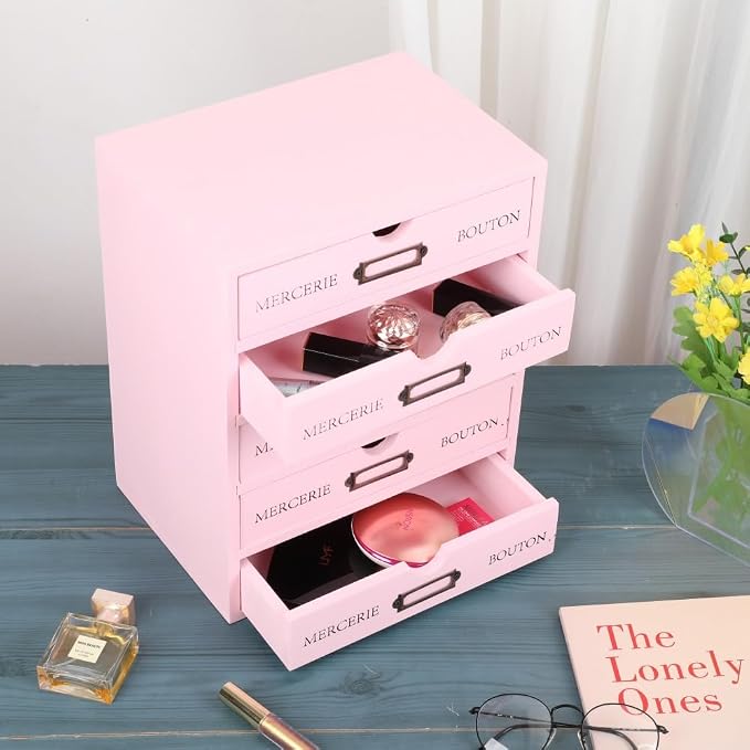 Wooden Storage Box with 5 Drawers Apothecary Vintage Wood Desktop Organizer - Image 4