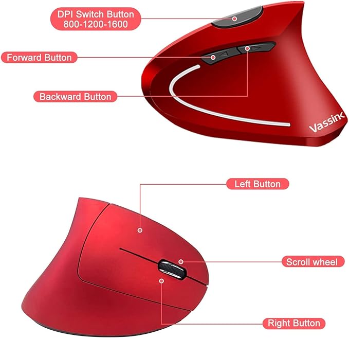 Vassink Ergonomic Rechargeable Wireless Mouse, 2.4Hz Rechargeable Wireless Vertical Optical Mice with USB Receiver, 6 Buttons, 800/1200/1600 DPI RED-DeskLoop Office