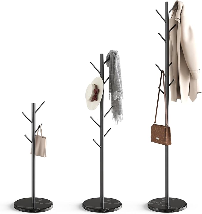 Coat Rack with Natural Marble Base, Metal Freestanding Coat Rack with 8 Hooks, 3 Adjustable Size Sturdy Coat Tree for Bags, Coats, and Hats for Entryway, Hallway, Bedroom, Office, Black-DeskLoop Office