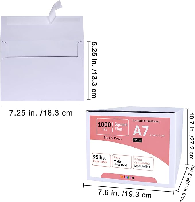 Winlyn 1000 Pcs White A7 Invitation Envelopes 5 1/4 x 7 1/4 Square Flap - Image 4