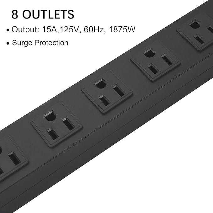HHSOET Metal Wide Spaced Power Strip, 8 Outlets, Black, 1200J Surge Protector, 15A, 125V, 60Hz, 1875W-DeskLoop Office