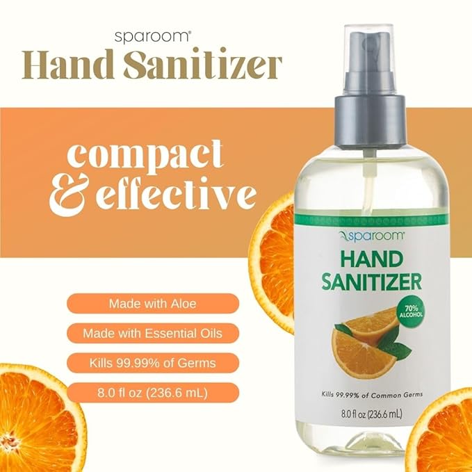 SpaRoom Hand Sanitizer Spray Orange – 70% Alcohol Formula with Aloe and Essential Oils, Travel Size Citrus Blend for On-the-Go Hygiene and Skin Moisture – 8oz Leak-Proof Bottle