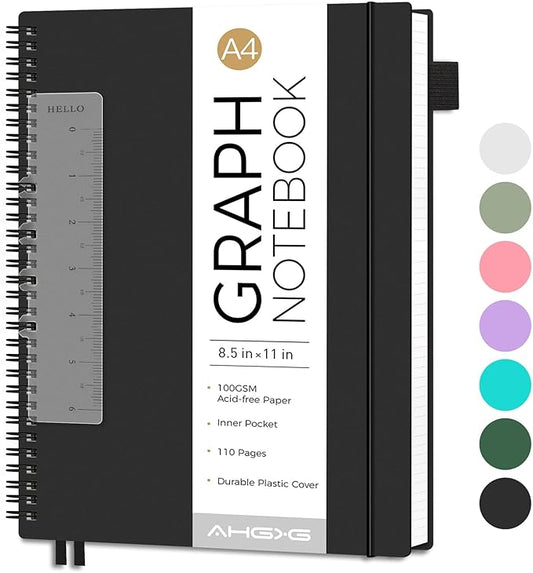 AHGXG Graph Paper Notebook - Spiral Notebook 8.5" x 11", A4 Large Graph Notebook, 100 gsm Thick Grid Paper, Waterproof Plastic Cover Journals for School Writing Engineering Math, Black-DeskLoop Office