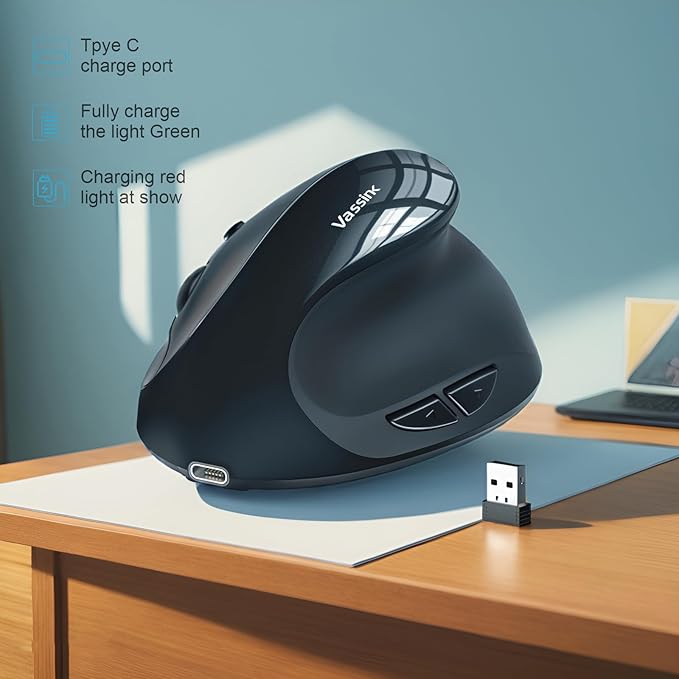 Vassink Ergonomic Mouse, Vertical Wireless Mouse,Mini Mouse Rechargeable 2.4G Optical Carpal Tunnel Mice: 800/1200 / 1600 DPI, 6 Buttons, for Laptop, PC, Computer, Desktop, Notebook etc-DeskLoop Office