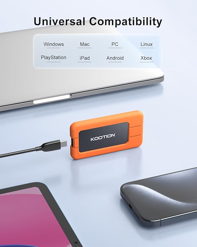 KOOTION 512GB Portable SSD USB 3.2 External SSD USB-C Up to 2000MB/s USB 3.2 Gen 2x2 Portable Solid State Drive with Protective Case Shockproof Type-C External Solid State Drive, Orange-DeskLoop Office