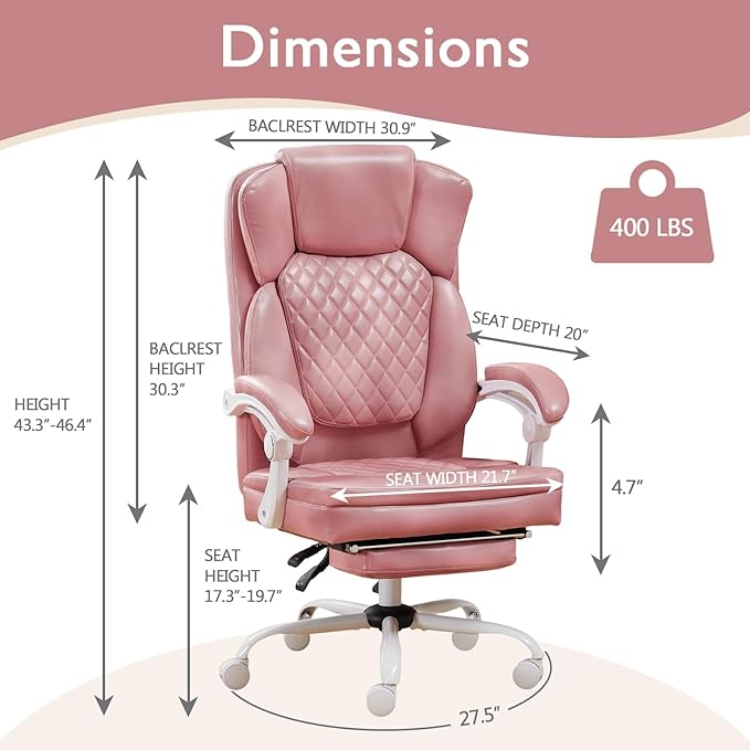 Ergonomic Office Chair with Foot Rest, Executive Chair with Footrest PU Leather Computer Chair, Big and Tall Chair Reclining Desk Chair, Thick Padded Coil Spring Seat, 400 lbs Capacity (Pink)-DeskLoop Office
