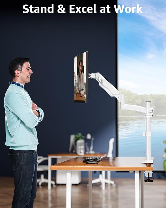 Single Monitor Arm Holds 4.4-22lbs, Monitor Stand for Desk, Height Adjustable Monitors Mount for 32 27 24 22inch, Full-Motion Monitors Desk Mount with C-Clamp＆Grommet Base, Freelift White-DeskLoop Office