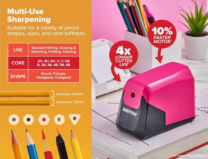 Bostitch Office Battery Pencil Sharpener, 4X Longer Cutter Life, Tip Saver - Image 2