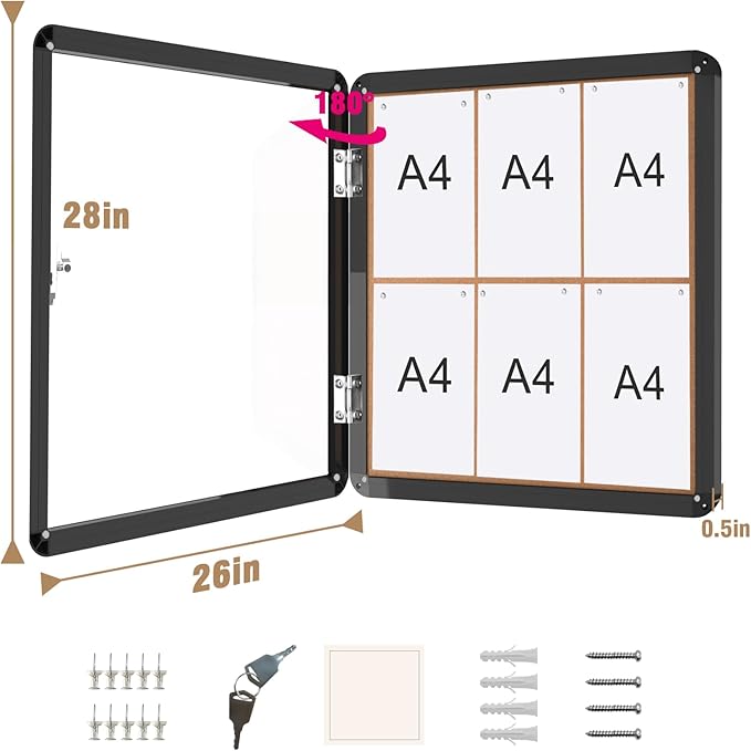 28"x26" Enclosed Bulletin Board, Lockable Weather-Resistant Aluminum Cork Noticeboard for School & Office, Black Frame w/Cork-DeskLoop Office