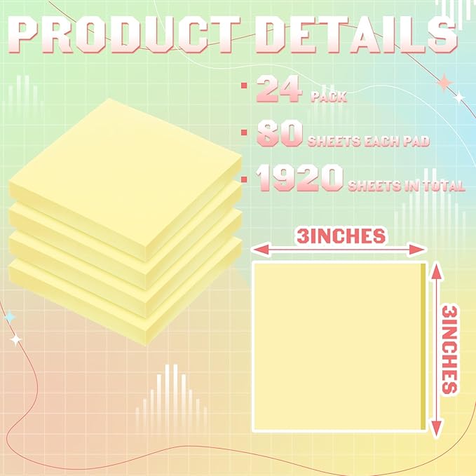 Thenshop 24 Sets Full Adhesive Sticky Notes 3x3 Inches Sticky Notes Adhesive Memo Self-Stick Pads Back to School Supplies Easy to Post for Teacher Coworkers Office 80 Sheets/pad(Yellow,Unlined)-DeskLoop Office