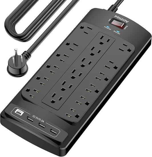 18 Outlets Surge Protector Power Strip - 20 Feet Flat Plug Heavy Duty Extension Cord with 18 Widely Outlets and 4 USB Ports, 2100 Joules, Black, ETL Listed-DeskLoop Office