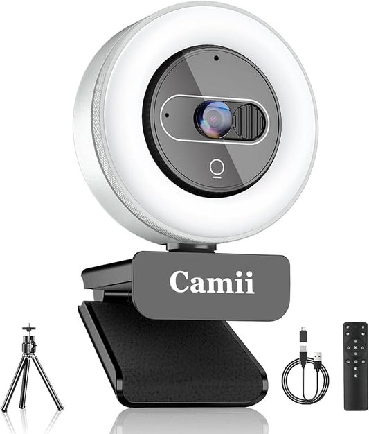4K Webcam with Light, HD Webcam for PC with Remote Control, Built-in Privacy Cover, Adjustable Brightness, Noise Reduction Mics, for Zoom Skype Teams Laptop and Google Meet