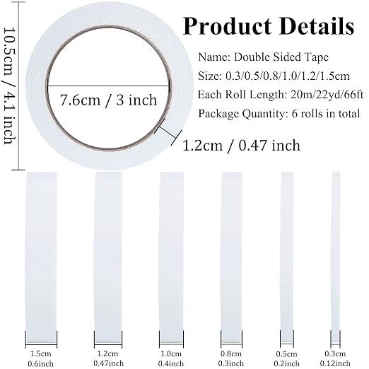 SmaringWing Double Sided Tape for Crafts, 6 Rolls Multi-Size Double-Sided - Image 2
