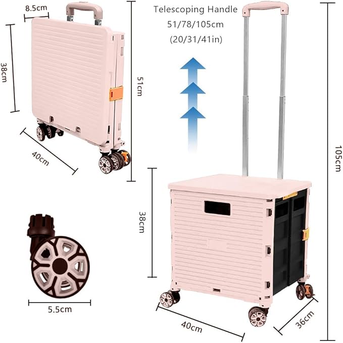 FELICON SELORSS Foldable Utility Cart Folding Portable Rolling Crate-Pink | - Image 7
