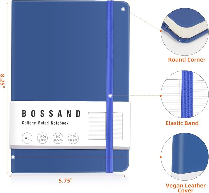 BOSSAND Lined Journal Notebook, A5 Journals for Writing, 200 Pages 100 GSM Thick Classic Ruled Paper, Hardcover, 8.25 inches x 5.75 inches, Navy Blue-DeskLoop Office