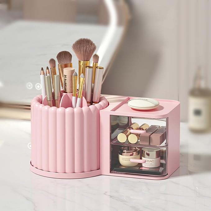 Anyoifax 360 Rotating Makeup Brush Holder 7 Slots Makeup Organizer with Drawer Removable Spinning Cosmetic Storage Pen Holder for Vanity, Dresser, Desk, Pink-DeskLoop Office