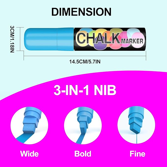 12 Colors Washable Window Markers for Cars, 15mm Jumbo Liquid Chalk Markers, 3 in 1 Nib, Metallic & Neon Paint Glass Pen for Auto, Chalkboard, Blackboard, Bistro, Menus and Any Non-Porous Surface-DeskLoop Office