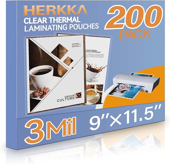 HERKKA 200 Pack Laminating Sheets, Holds 8.5 x 11 Inch Sheets, 3 Mil Clear Thermal Laminating Pouches 9 x 11.5 Inch Lamination Sheet Paper for Laminator, Round Corner Letter Size-DeskLoop Office