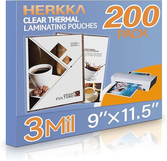 HERKKA 200 Pack Laminating Sheets, Holds 8.5 x 11 Inch Sheets, 3 Mil Clear Thermal Laminating Pouches 9 x 11.5 Inch Lamination Sheet Paper for Laminator, Round Corner Letter Size-DeskLoop Office