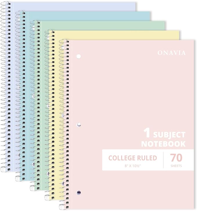 ONAVIA 1 Subject Spiral Notebook College Ruled 5 Pack, 140 Pages, 8 x 10.5 in by ONAVIA