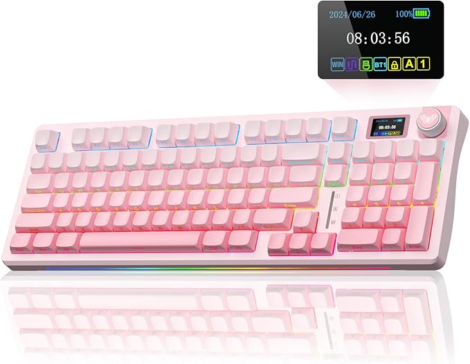 AULA S98 Pro Wireless Mechanical Keyboard with Screen & Knob,2.4GHz/USB-C/BT5.0 Hot Swappable Pink Creamy Keyboard,Pre-lubed Linear Switches,Side Printed PBT Keycaps,RGB Backlit Gaming Keyboards-DeskLoop Office