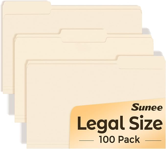 SUNEE Manilla Folders Legal Size, 100 Per Box, Durable Paper File Folders by SUNEE