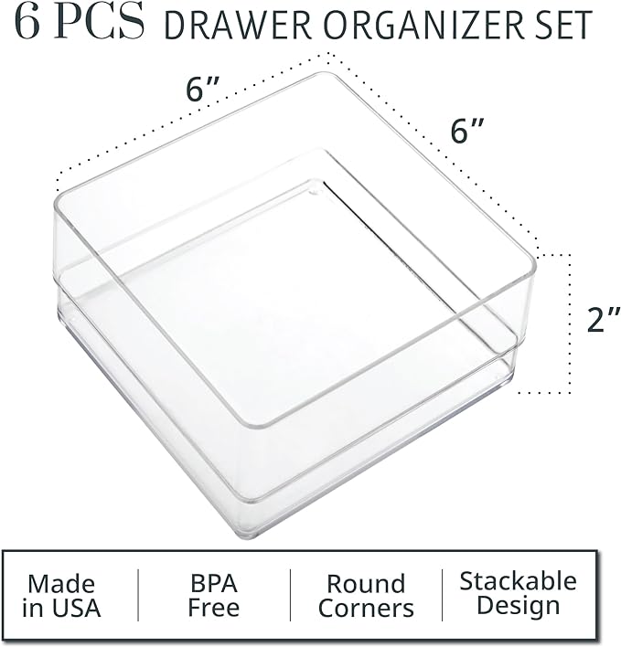 STORi SimpleSort 6-Piece Stackable Clear Drawer Organizer Set | 6" x 6" x 2" - Image 2