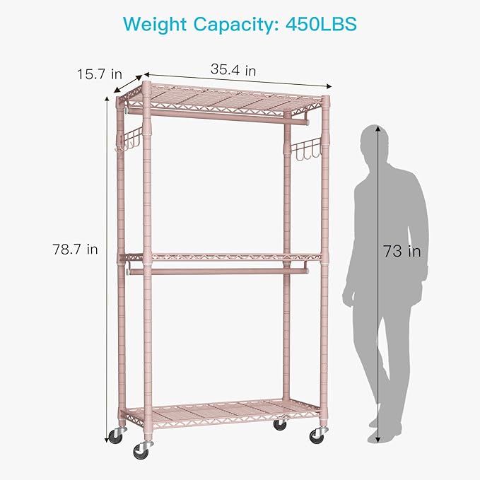 P1 Heavy Duty Garment Rack, 3 Tiers Adjustable Rolling Metal Closet Organizer with Lockable Wheels, FreeStanding Wardrobe with Double Hanger Rods & 1 Pair Hooks, Max Load 450 LBS, Pink-DeskLoop Office