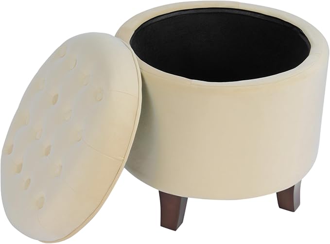 Homepop Home Decor | Upholstered Round Velvet Tufted Foot Rest Ottoman | Ottoman with Storage for Living Room & Bedroom | Decorative Home Furniture, Cream-DeskLoop Office