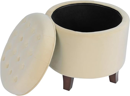 Homepop Home Decor | Upholstered Round Velvet Tufted Foot Rest Ottoman | Ottoman with Storage for Living Room & Bedroom | Decorative Home Furniture, Cream-DeskLoop Office