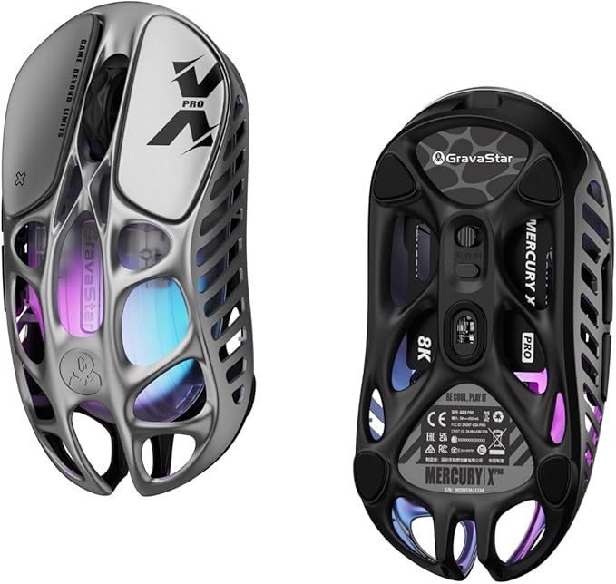 GravaStar Mercury X Pro Wireless Gaming Mouse, Come with 8K Dongle – 32,000 DPI PAW 3950 Sensor, 8,000Hz Polling Rate, Only 49g, Magnesium Alloy Hollow Frame, RGB Lighting, 5 Programmable Buttons-DeskLoop Office