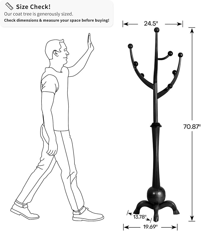 Heavy Duty Coat Rack Freestanding Wood Tree Rack with 8 Hooks, Unique Design Tree Branch-look, Premium Coat Tree Clothes Hanger Stand with Sphere Base for Entryway, Hallway, Bedroom-Load 160lbs Black-DeskLoop Office