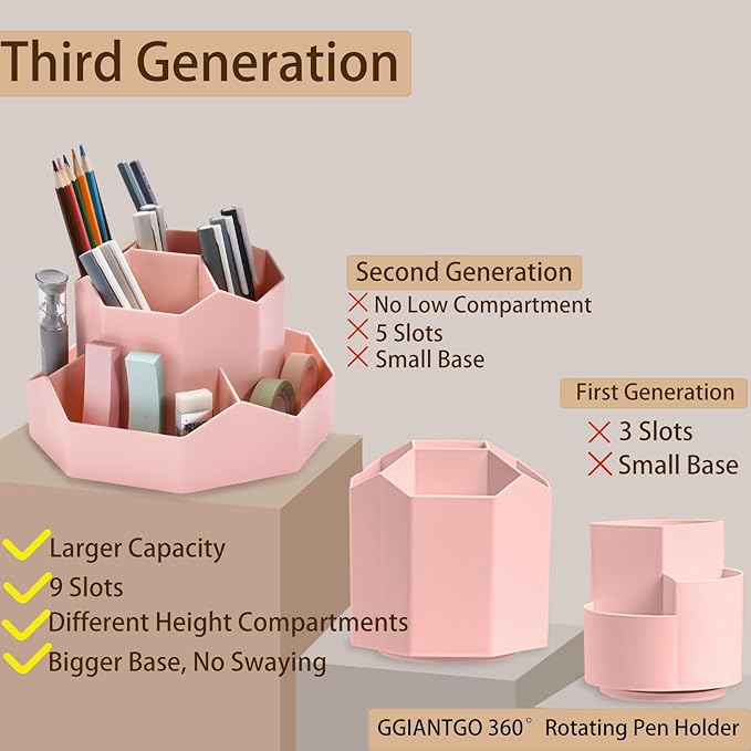 Pencil Pen Holder for Desk, 9 Slots 360 Degree Rotating Desk Organizer, Cute Pen Organizers Stationery Supplies for Office Home & Art Supply (Pink)-DeskLoop Office