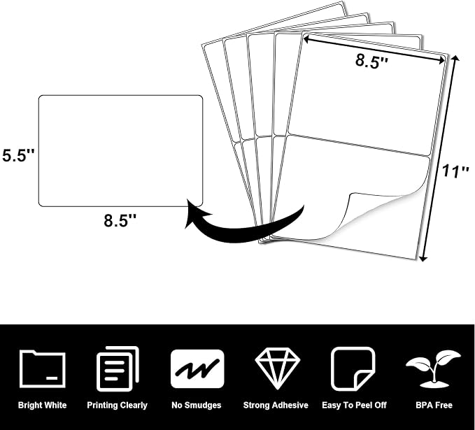 LabelMore 8.5'' x 5.5'' Half Sheet Self Adhesive Shipping Labels - Image 2