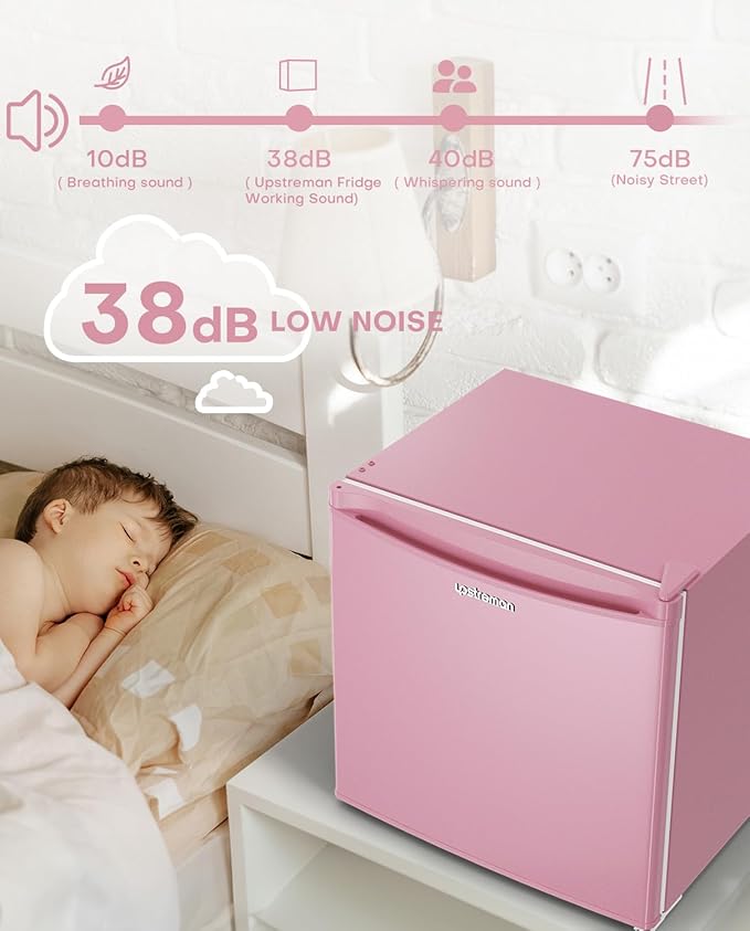 Upstreman 1.7 Cu.ft Mini Fridge with Freezer, Dorm Essentials, Adjustable Thermostat, Energy Saving, Low Noise, Single Door Compact Refrigerator for Dorm, Office, Bedroom, Pink-FR17-DeskLoop Office