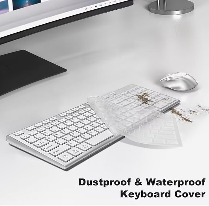 FENIFOX Wireless Keyboard and Mouse, Ergonomic Rechargeable Silent Quiet Slim Compact Full-Size USB C with Number Pad Flat Soft Cover for PC Computer Laptop Mac MacBook iMac TV Windows - Silver White-DeskLoop Office