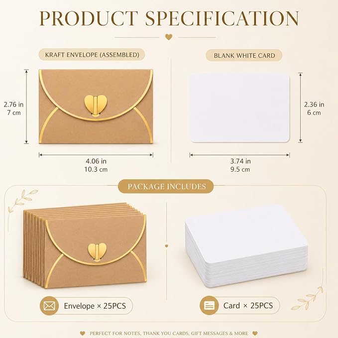 25Pcs Mini Envelope with Gold Heart Shaped Clasp and Blank Cards | Heart Shaped - Image 2