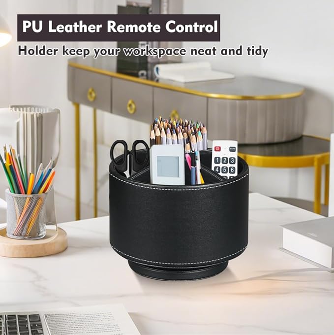 Fanousy 360° Rotating Pen Holder for Desk, Leather Pencil Pen Organizer Remote Control Holder Table Desktop Nightstand Organizer Caddy Storage, Office Desk Organizers And Accessories 5.5x5.5x4.0 Inch-DeskLoop Office