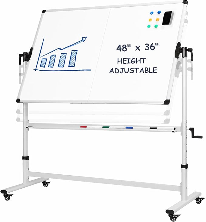 TANKEE Mobile Whiteboard 48 X 36 Inches Height Adjustable Large Standing White by Tankee
