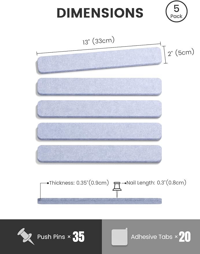 Fluxynara Cork Board Alternative Felt Strip Board 5-Pack 13"x2", Office Pin - Image 2