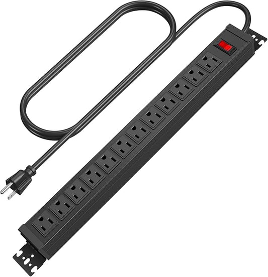 HHSOET Rotating Mountable Power Strip, 12 Outlet Wall Mount Surge Protector, Metal Heavy Duty and Versatile Outlet Strip, Stylish Appearance, Sturdy and Durable, 6ft Power Cord.(Black)-DeskLoop Office