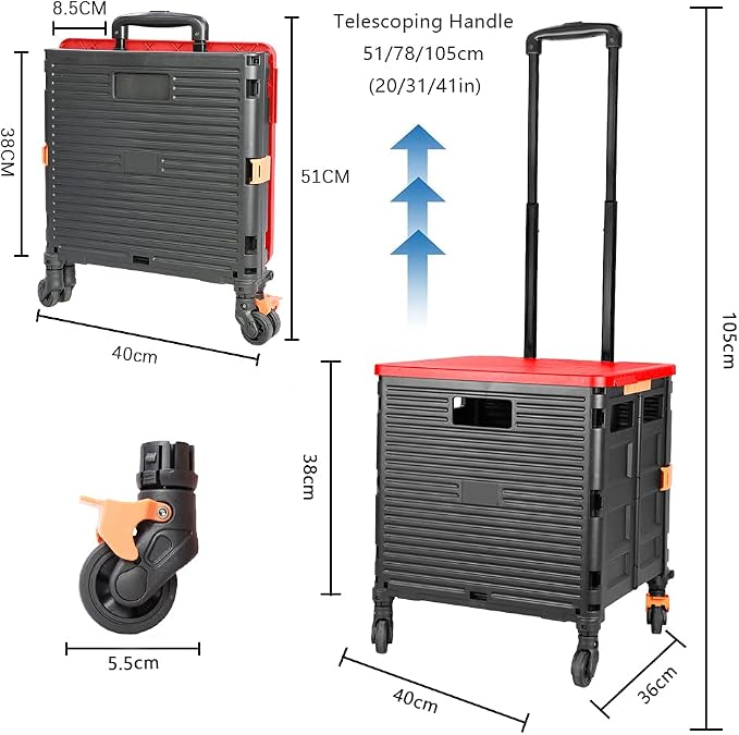 FELICON SELORSS Foldable Utility Cart Folding Portable Rolling Crate-Red | - Image 7