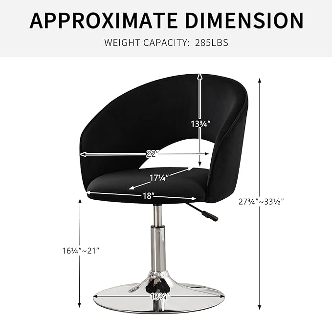 Furnimart Adjustable Black Vanity Chair with Back, Velvet Makeup Chair Swivel Accent Chair with Chrome Frame Hollow Backrest, Side Chair for Living Room, Makeup Room, Bedroom (Black)-DeskLoop Office