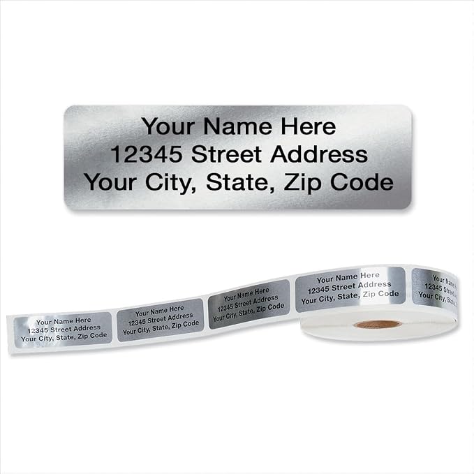 Personalized Return Address Labels, Roll of 125 Silver Foil Self-Adhesive by ColorfulImages