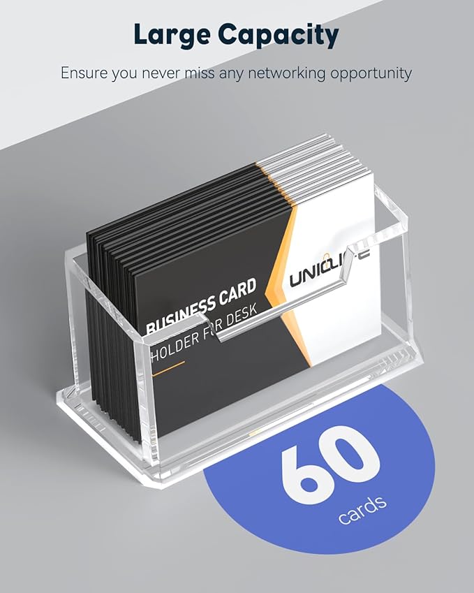 Uniclife Acrylic Business Card Holder for Desk 1 Slot Clear Business Card Display Stand for Men & Women Desktop Business Card Organizer Card Stand for Office Home Exhibition, 60 Card Capacity-DeskLoop Office