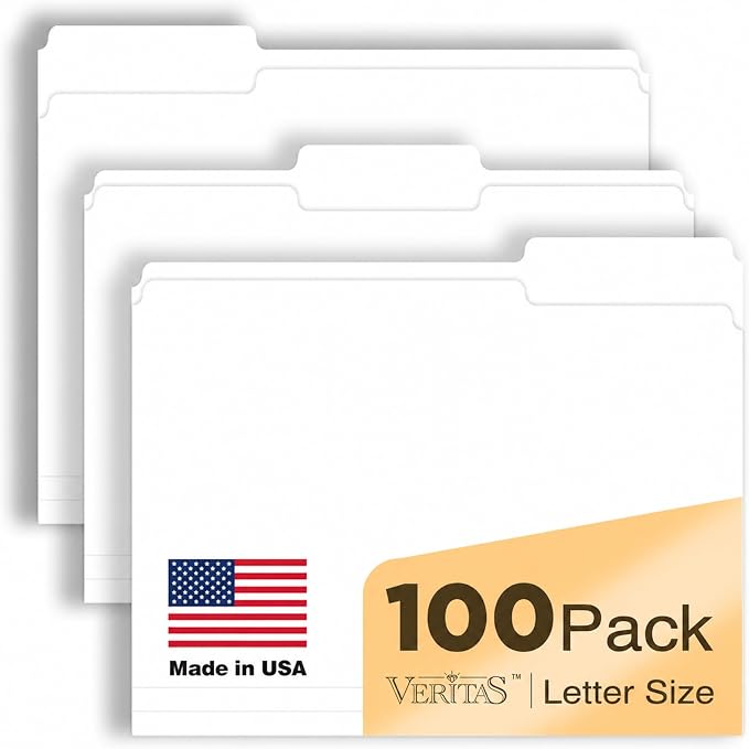White File Folders 100 Pack, Letter Size 8.5 x 11, 1/3-Cut Tab Folders by WritePads