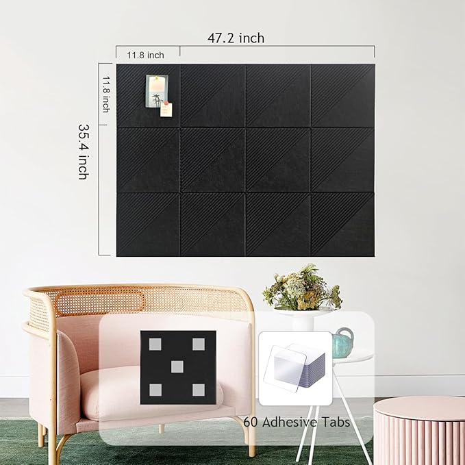 Large Cork Board for Walls 48"x 36", 12 Pack Felt Wall Tiles with Safe Removable Adhesive Tabs, Cork Board for Office,Pinboard Bulletin Board - Black-DeskLoop Office