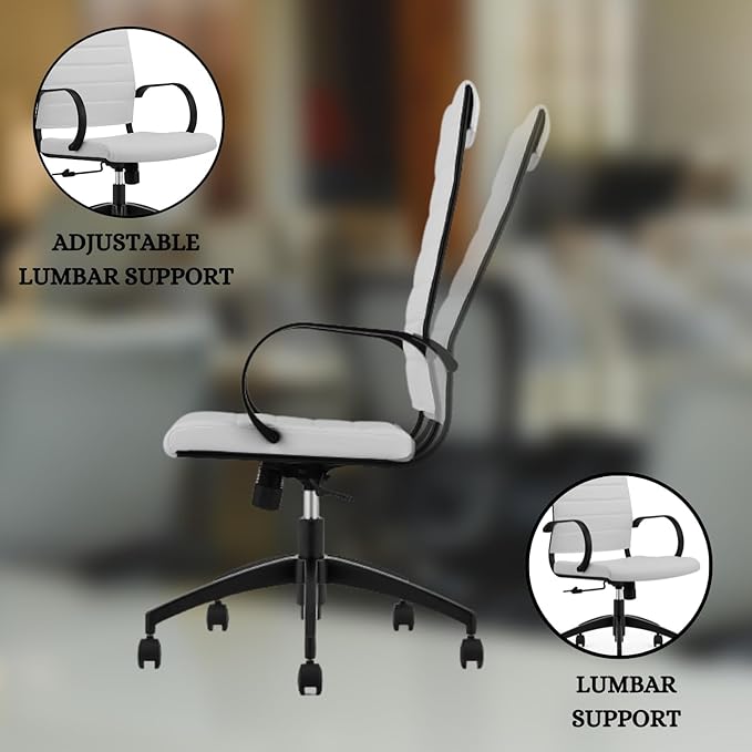 Ribbed High Back Conference Room Chairs - Lumbar Support, Modern Executive Home Office Chair - White Leather Seat & Black Aluminum Frame-DeskLoop Office