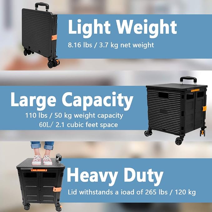 FELICON SELORSS Foldable Utility Cart Folding Portable Rolling Crate-Black | - Image 3
